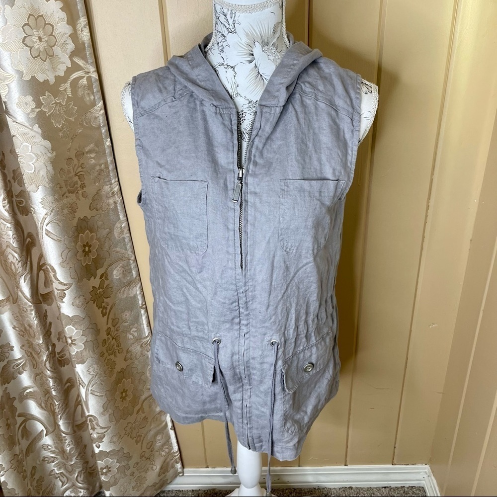 St Tropez west 100% Linen Tank Top Sleeveless Gray Hooded Zip Top Size Small